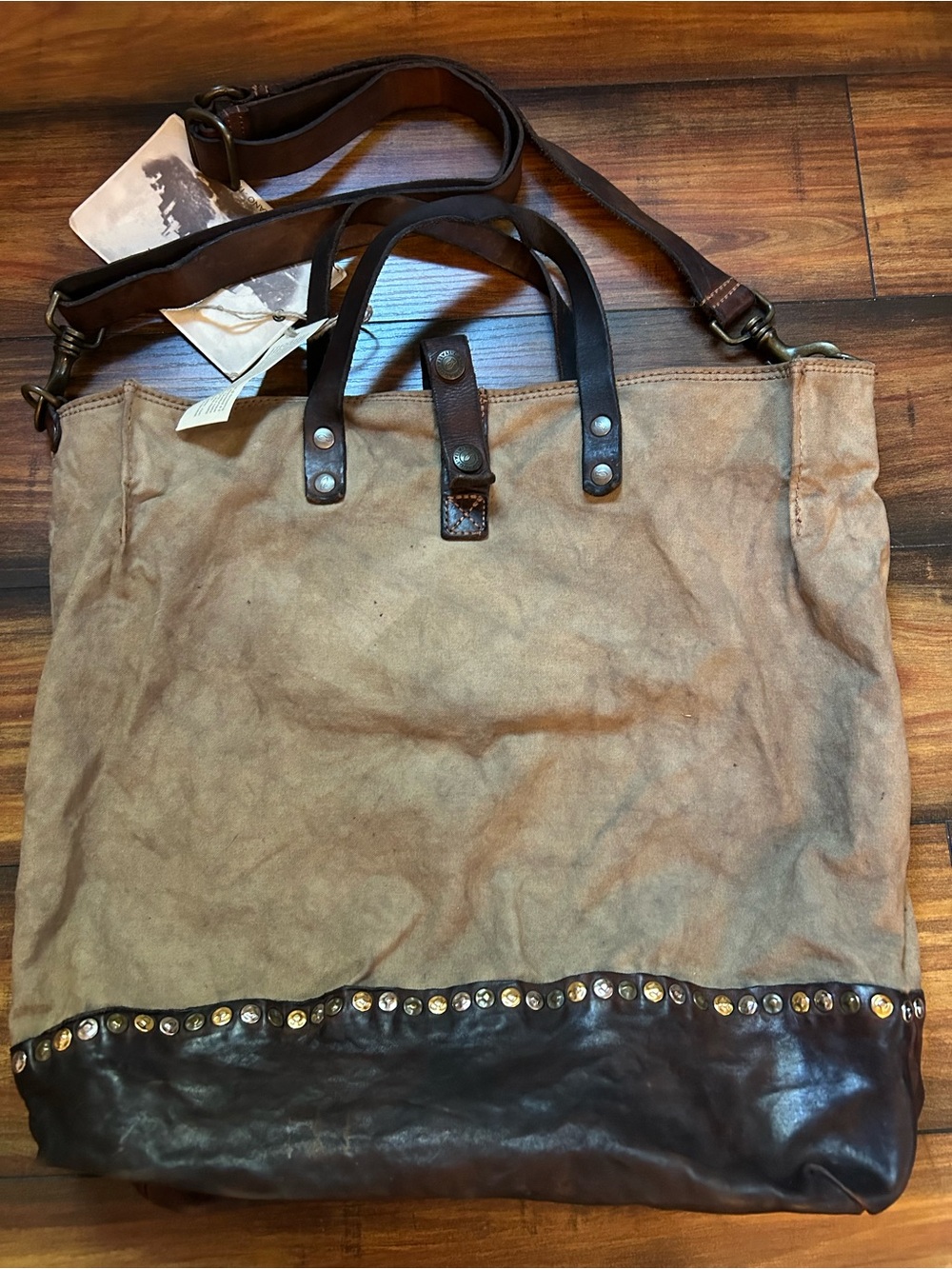 Campomaggi Canvas & Brown Leather Crossbody Tote Bag w/ Studs - Picture 2 of 9